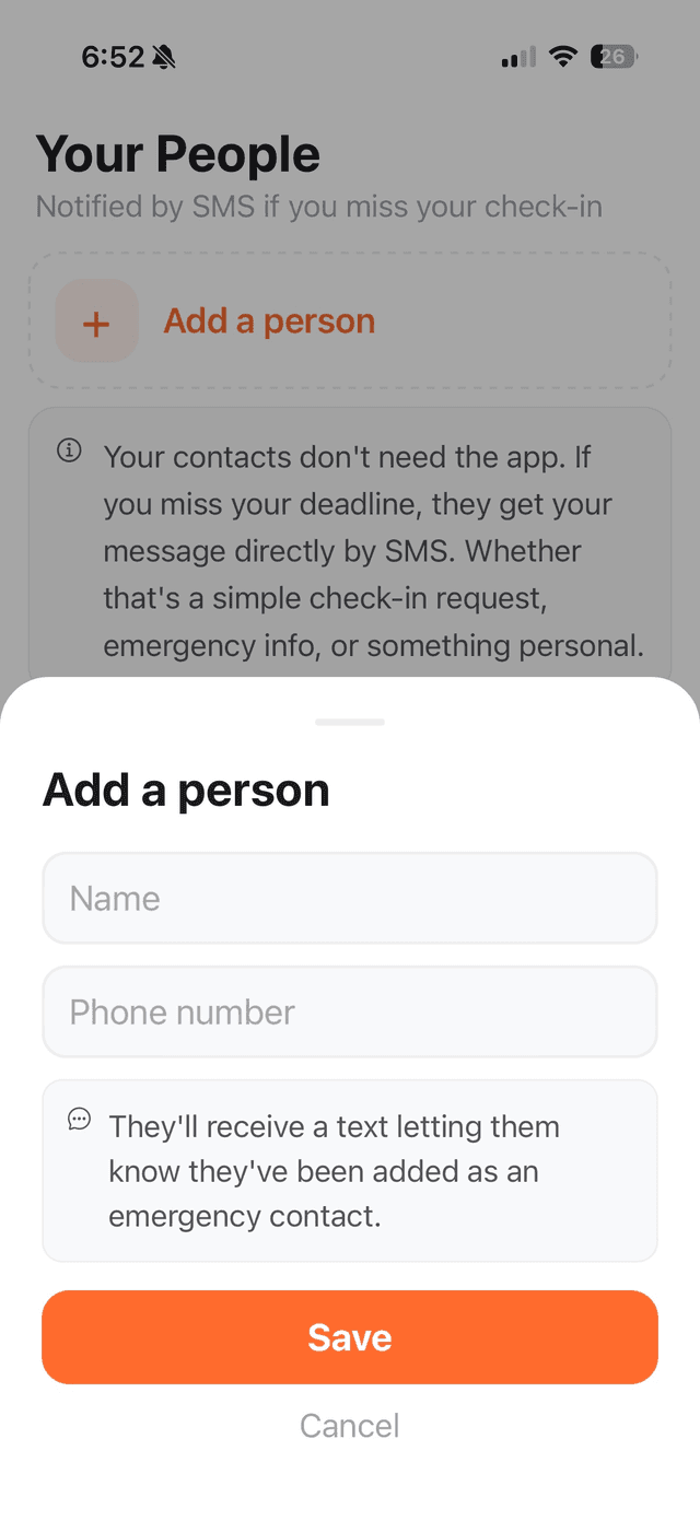 App screen showing that the user is informed their contact will be notified if they miss a check-in