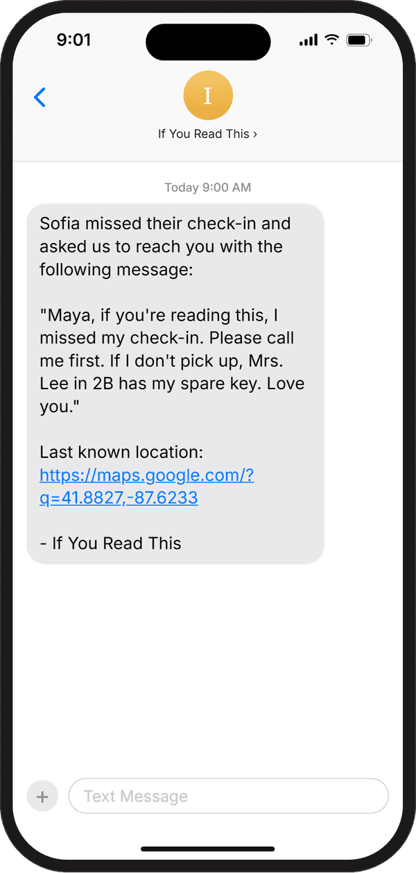 Text message thread showing the alert and personal message a contact receives