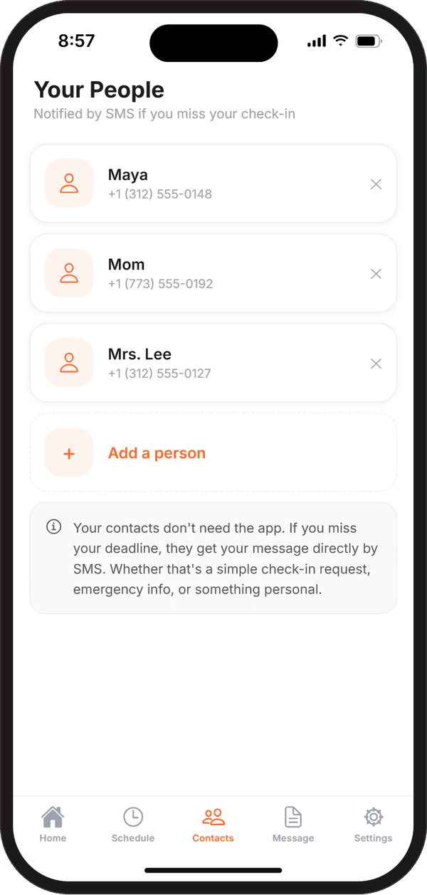 Contacts screen listing three trusted contacts