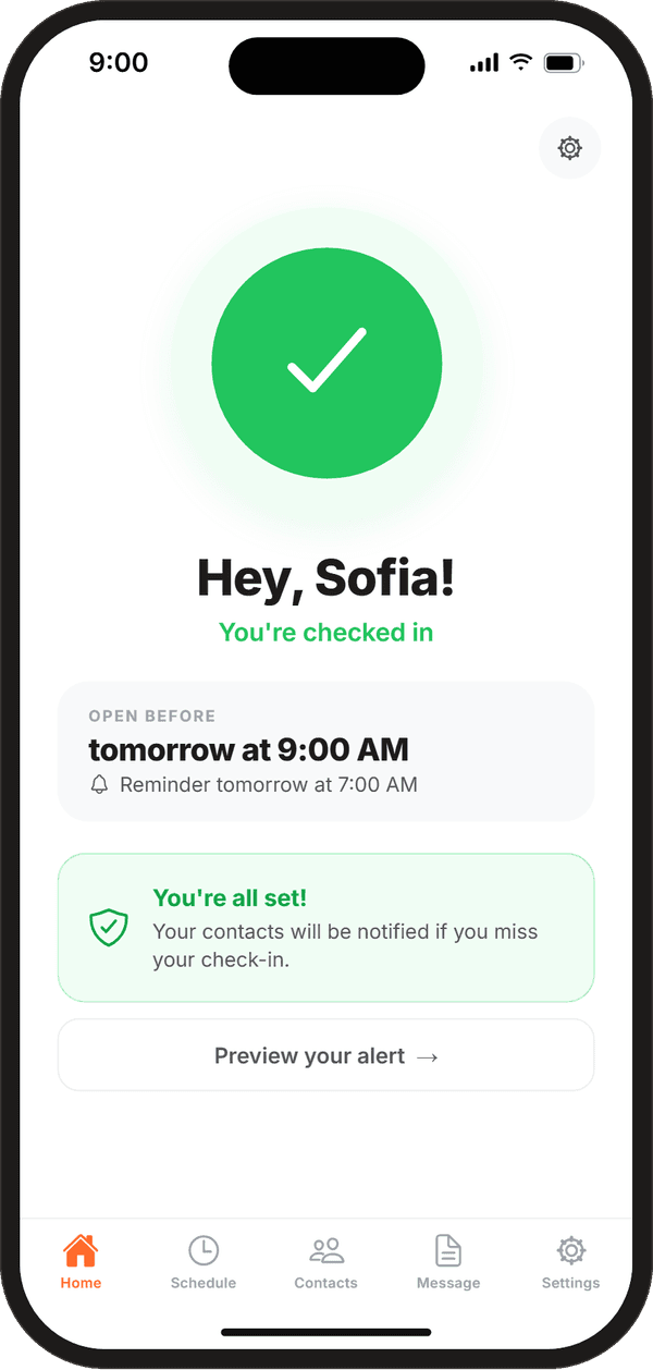 Home screen saying you are checked in, with the next deadline and reminder