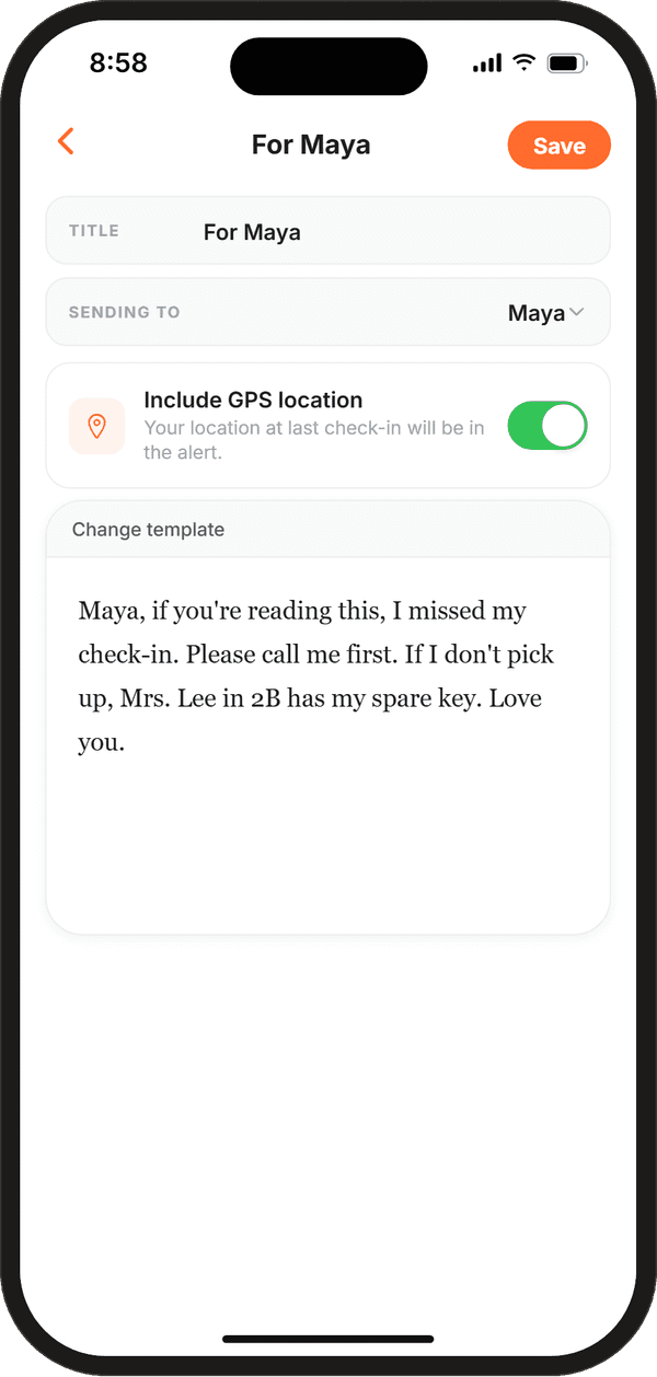 Message editor with a note written for Maya and GPS location switched on
