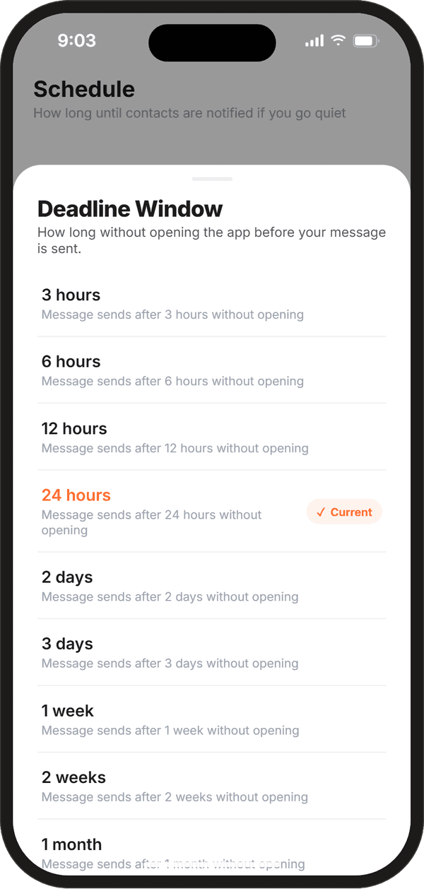 Deadline window picker with options from 3 hours to 1 month