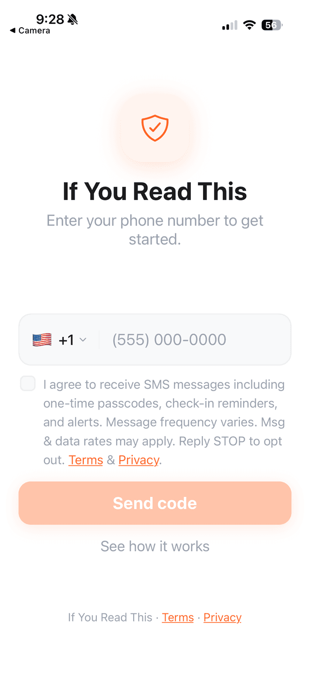App sign-up screen showing SMS consent checkbox